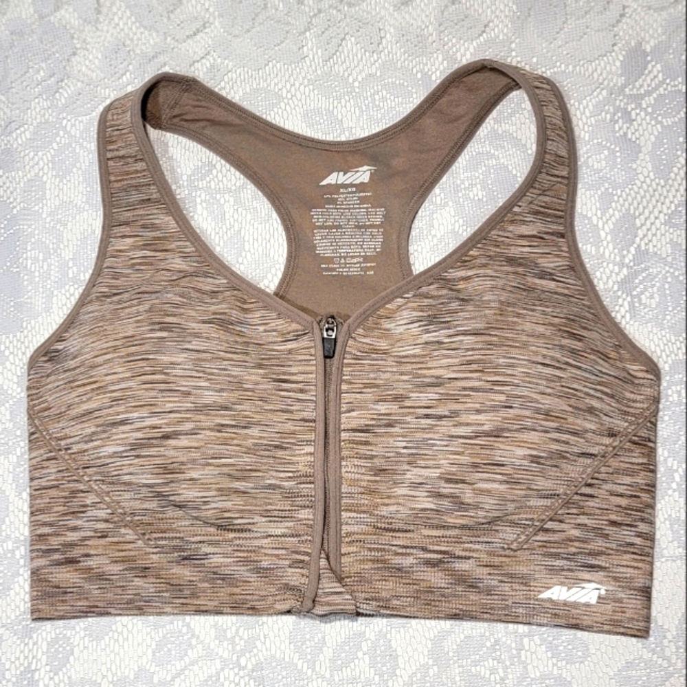 Avia Zip Front Lightly Padded Sports Bra Beige XL Wireless Support Activewear